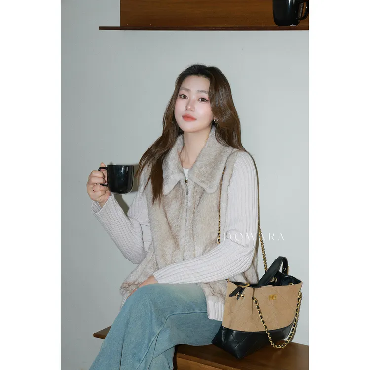 现货大婉酱微胖定制针织拼接假两件冬季百搭毛毛一体外套女 2892D