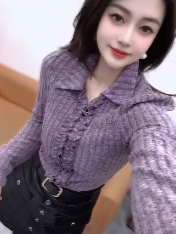 2025法式褶皱爆款打底衫V领百搭洋气秋冬季上衣修身针织长袖毛衣