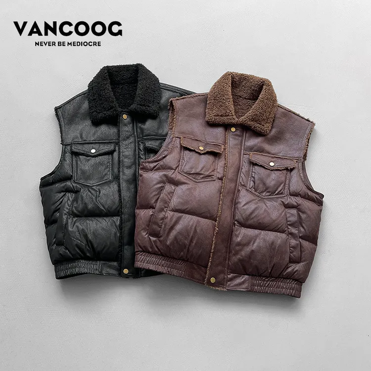 凡购美式潮牌冬季宽松多袋外套美拉德复古做旧皮马甲毛领棉背心男