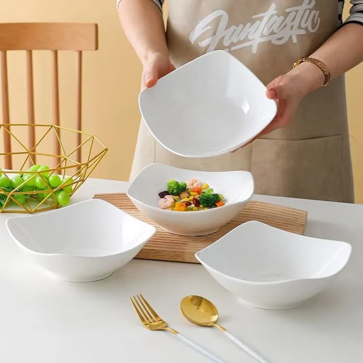 纯白8英寸6个装如意四方碗沙拉碗四方盘子陶瓷健康餐具纯白简约