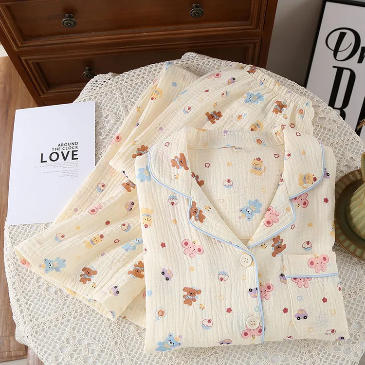 双层绉纱纯棉卡通系列女士家居服睡衣长袖长裤透气舒适四季款纯棉