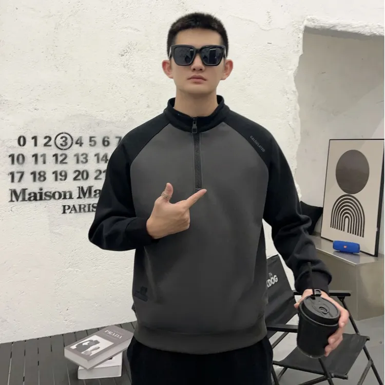 秋冬新款男士立领半拉链加绒加厚保暖撞色插肩长袖休闲卫衣时尚