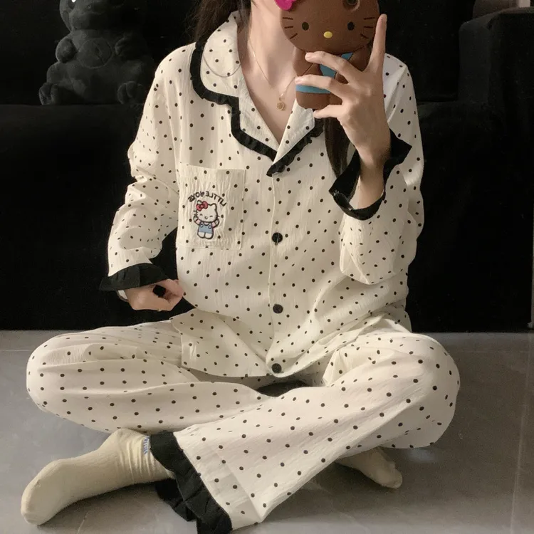 2025新款甜美波点KT猫睡衣女士甜美少女花边长袖套装家居服可外穿