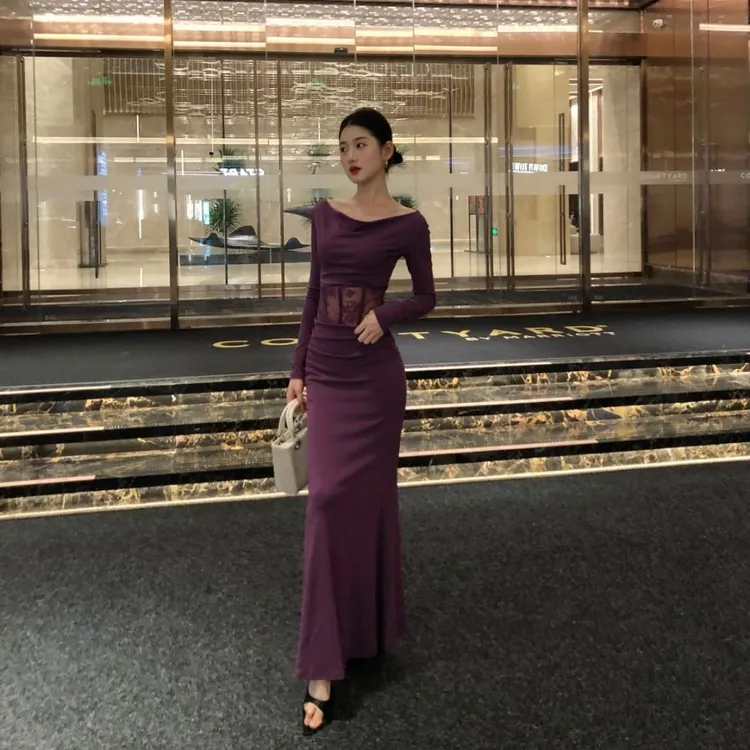 纯欲风紫色韵味长袖一字肩礼服裙女秋冬款镂空拼接设计包臀鱼尾裙