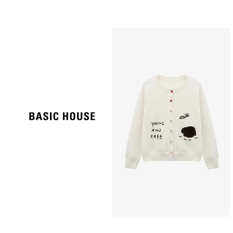 Basic House/百家好卡通小羊刺绣针织开衫女秋冬毛衣-B0625B5SXV2