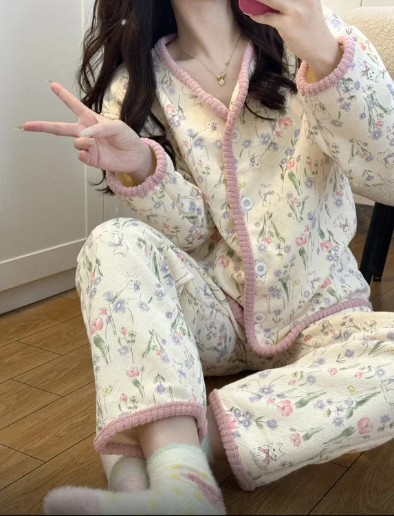 空气棉夹层睡衣女秋冬季新款猫咪花园加厚甜美长袖长裤家居服套装