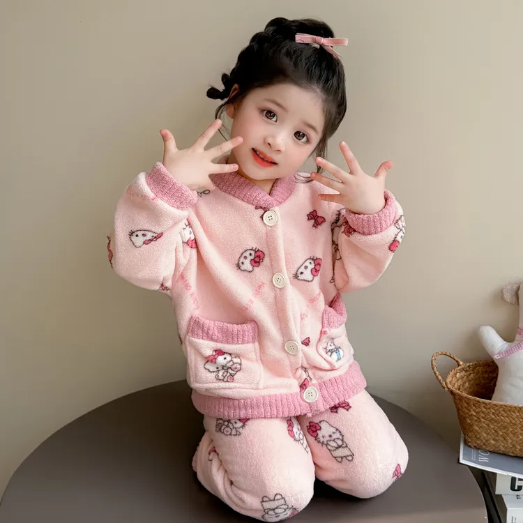 女童睡衣套装2025新款秋冬儿童法兰绒开衫家居服法兰绒宝宝两件套