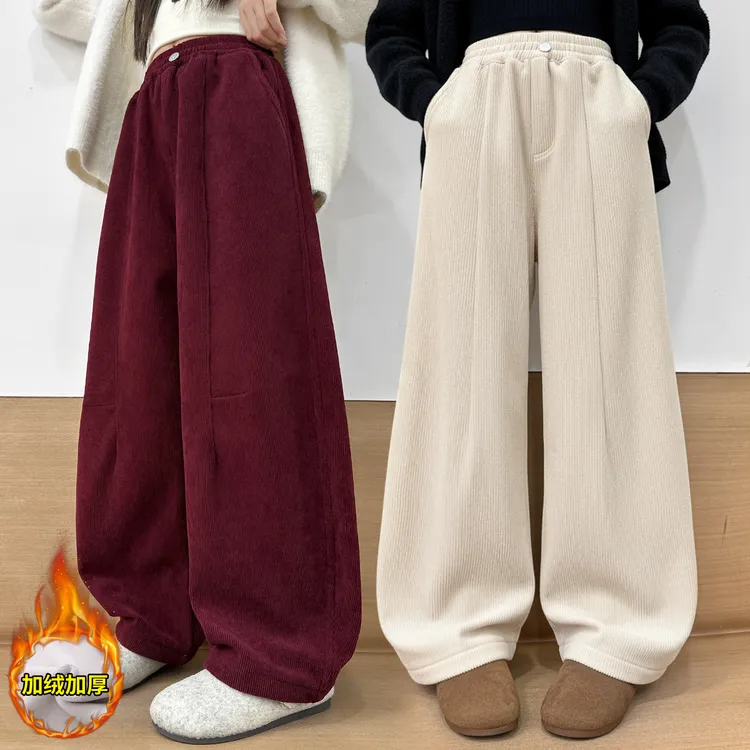 女童加绒裤子冬季2026新款灯芯绒一体厚弯刀版型卫裤女孩休闲长裤