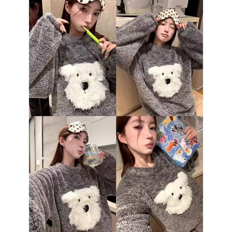 可爱毛绒小狗珊瑚绒睡衣女秋冬季加绒加厚防寒圆领宽松家居服套装