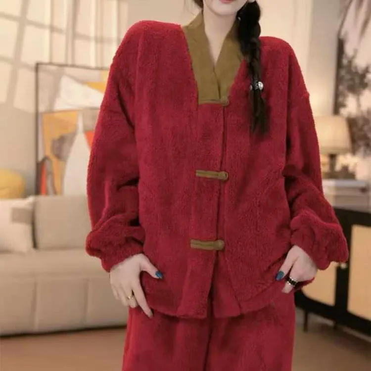 新中式加绒加厚睡衣女冬季新年本命年红色女士保暖家居服套装
