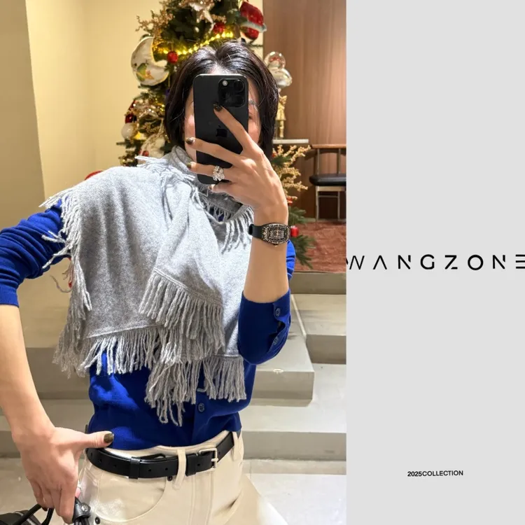 WANG ZONE丨轻奢100%山羊绒细闪流苏边慵懒风保暖披肩围巾