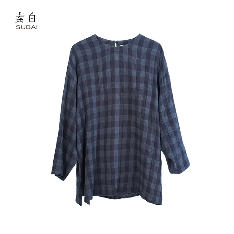 素白【软绵绵】T01960温柔松弛感灰蓝色格子棉质日常T恤