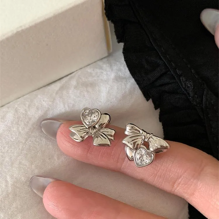 铜合金锆石耳饰 甜酷少女公主风蝴蝶结爱心AB耳环新款轻奢高级感