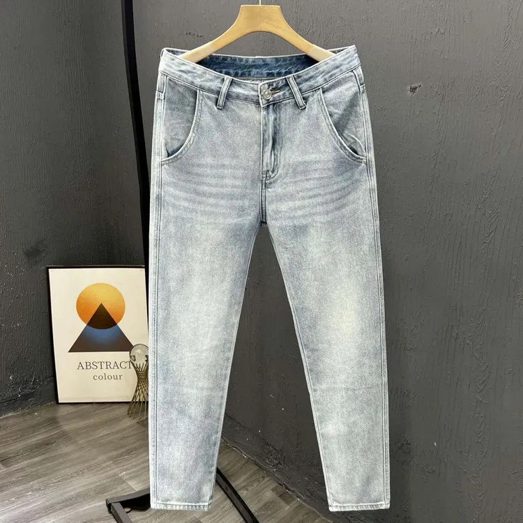 海澜之家运动新款蓝色九分裤水洗男士牛仔裤夏季修身简约小脚裤时