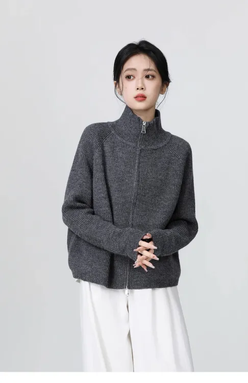 8009大码女装灰色高领加厚毛衣女复古宽松双拉链针织开衫外套上衣