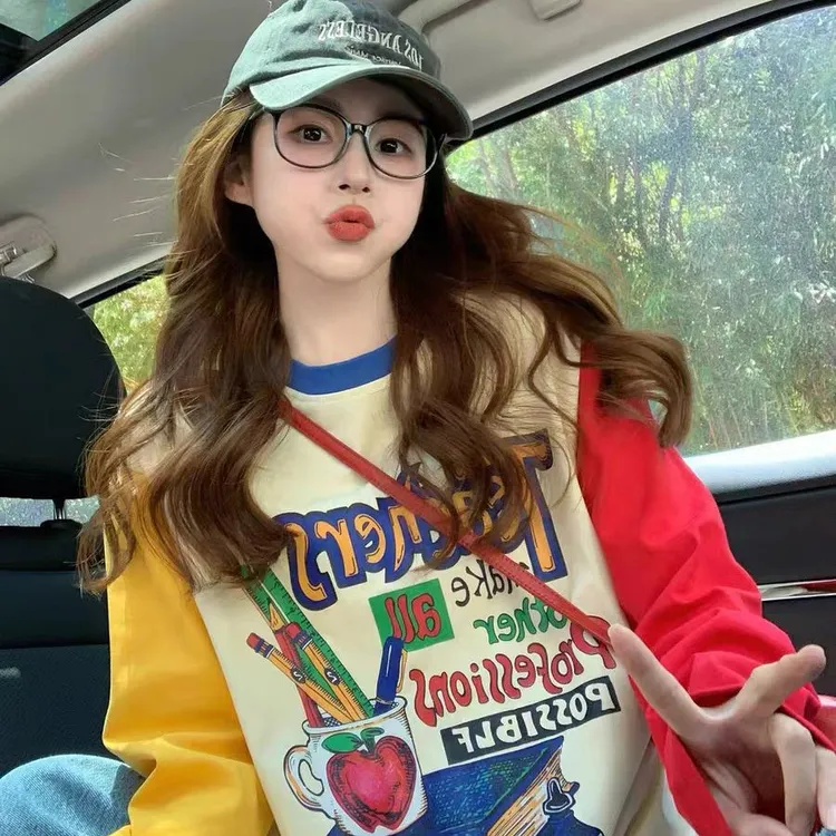 美式复古印花长袖t恤女2025新款秋冬潮牌设计感纯棉宽松撞色上衣