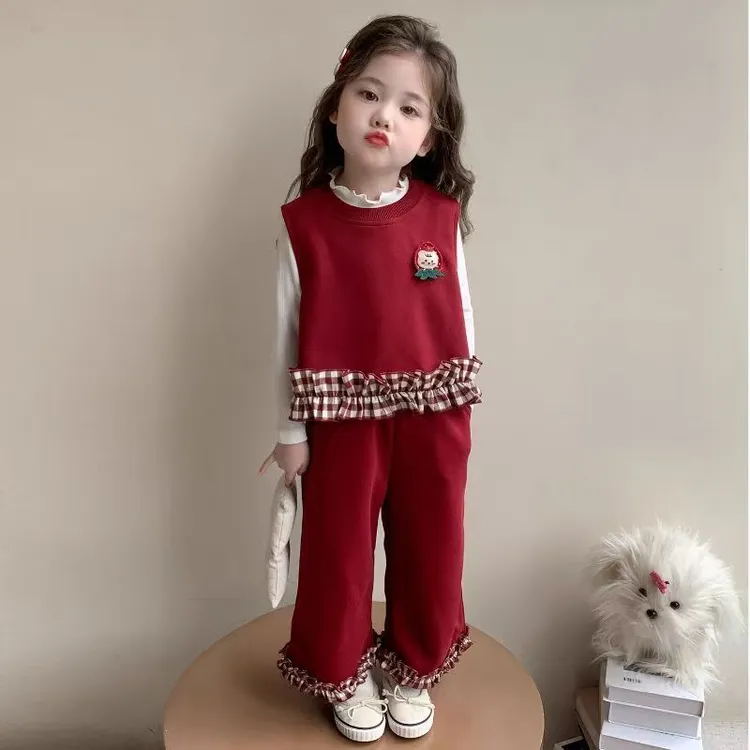 女童套装2025新款韩版儿童女宝宝洋气时髦春秋款酒红色长袖套装