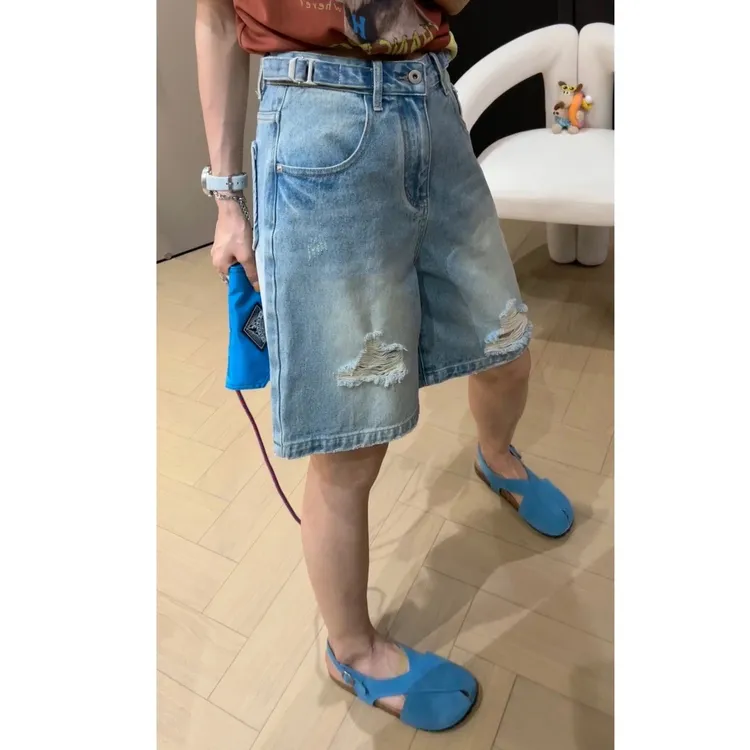 破洞直筒牛仔短裤女2025夏季新款高腰显瘦薄款五分裤7548 Q