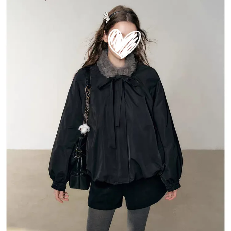 冬季新款设计感小众上衣毛领加厚黑色花苞棉服外套女韩系简约上衣