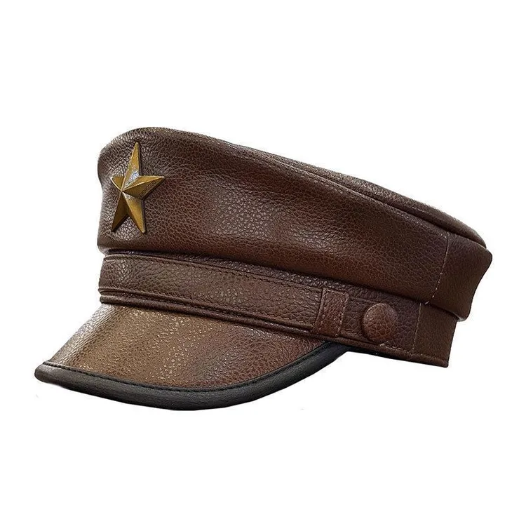 高档真皮帽子男士牛皮韩版中青年春秋冬户外机车鸭舌平顶海军帽