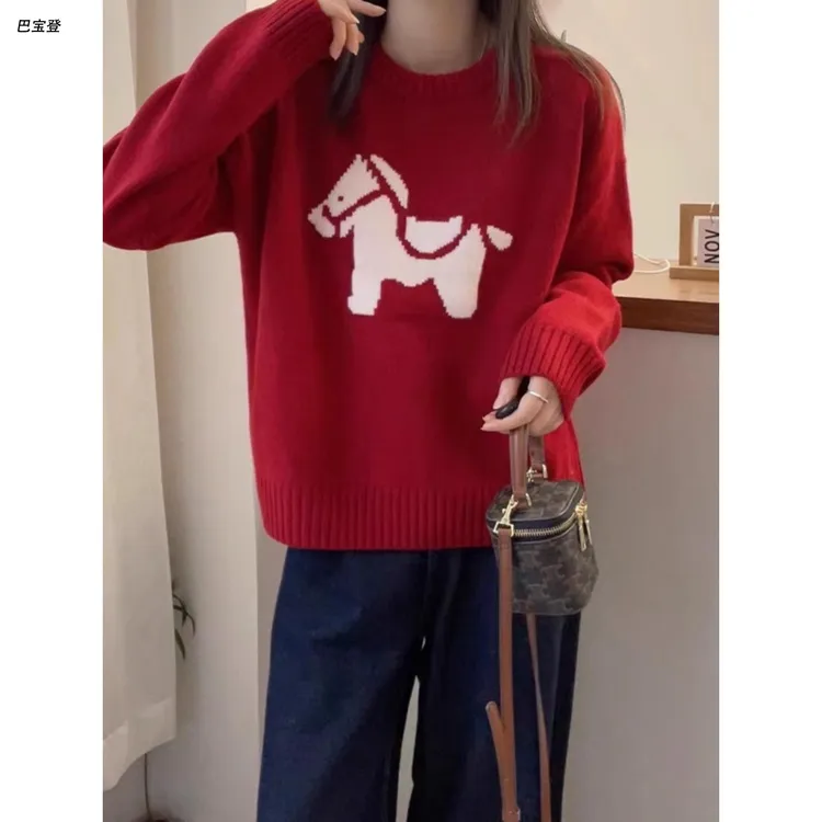 日本可爱提花小马图案全羊绒针织衫女欧洲站冬季新款新年红色圣诞