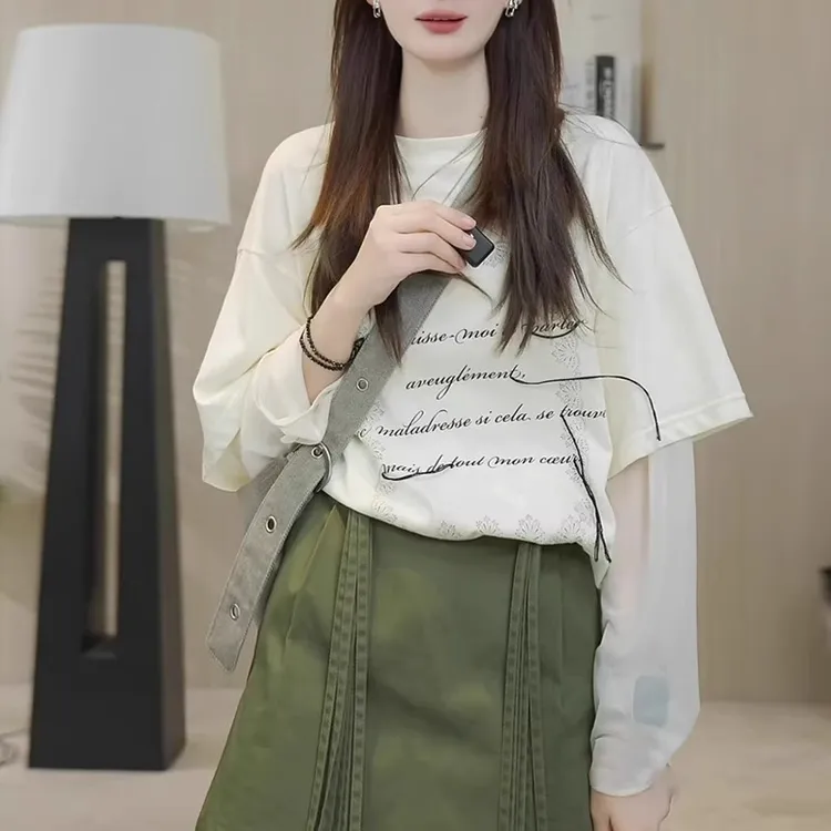 芯娇晴假两件蕾丝拼接长袖防晒t恤女夏季2025年新款韩系罩衫上衣