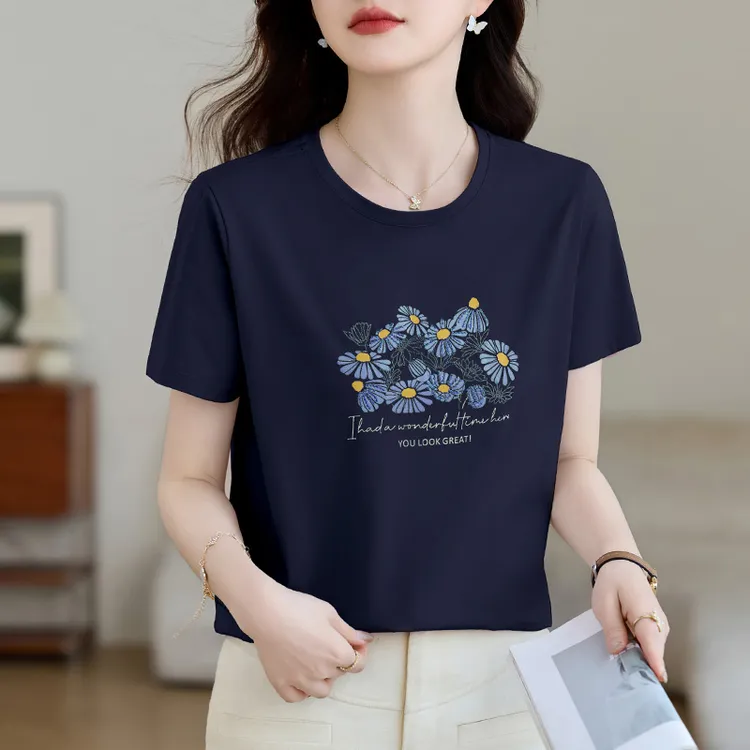 圆领爆款短袖t恤女2025新款夏季宽松百搭遮肚子藏肉精致洋气妈妈