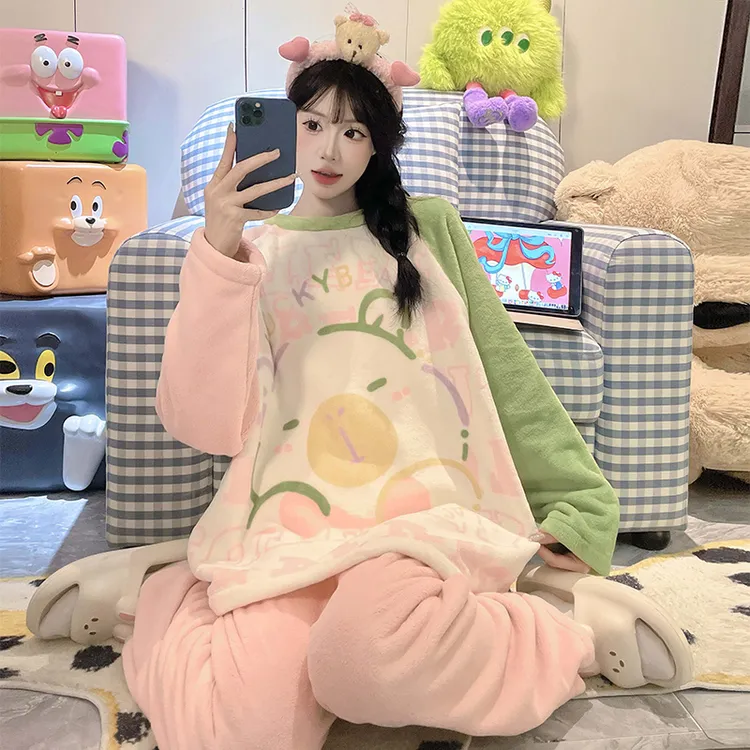 新款珊瑚绒睡衣女秋冬加厚加绒可爱外穿学生法兰绒保暖家居服套装