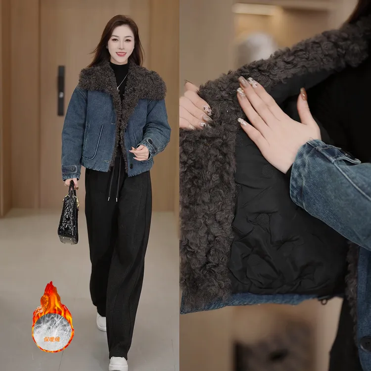 牛仔棉衣外套女冬季新款加厚保暖羊羔绒短款时尚宽松休闲外穿百搭