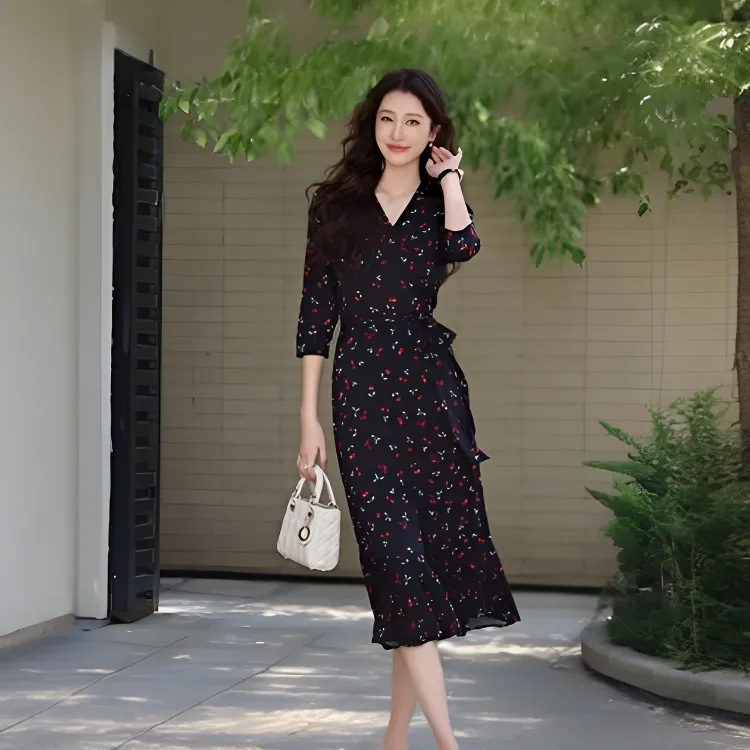 轻熟碎花雪纺连衣裙新款复古樱桃收腰裙