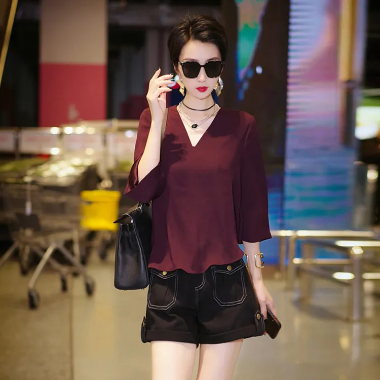 韩版轻奢高级感v领半袖T恤女装禅意仙气飘飘新款女装