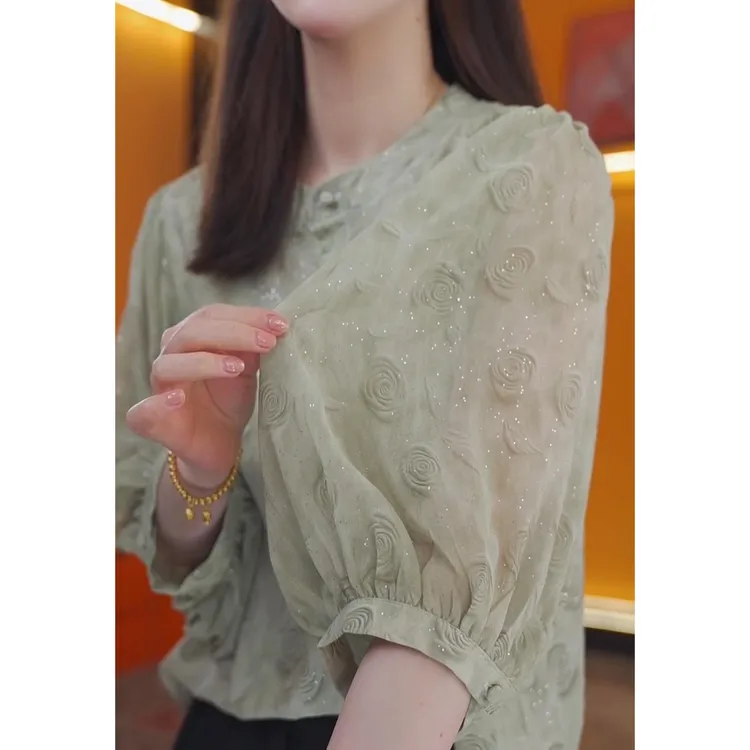 高品质2025玫瑰花语绿设计师遮肉显瘦衬衣