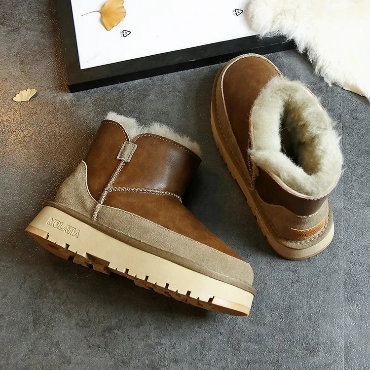 莫拉塔东北防水防滑厚底雪地靴女2025新款皮毛一体加绒加厚短筒靴