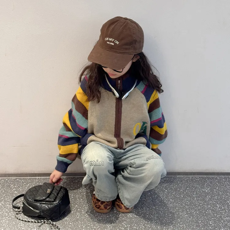女童秋装2025新款小女孩春秋时髦条纹针织衫儿童洋气休闲毛衣外套
