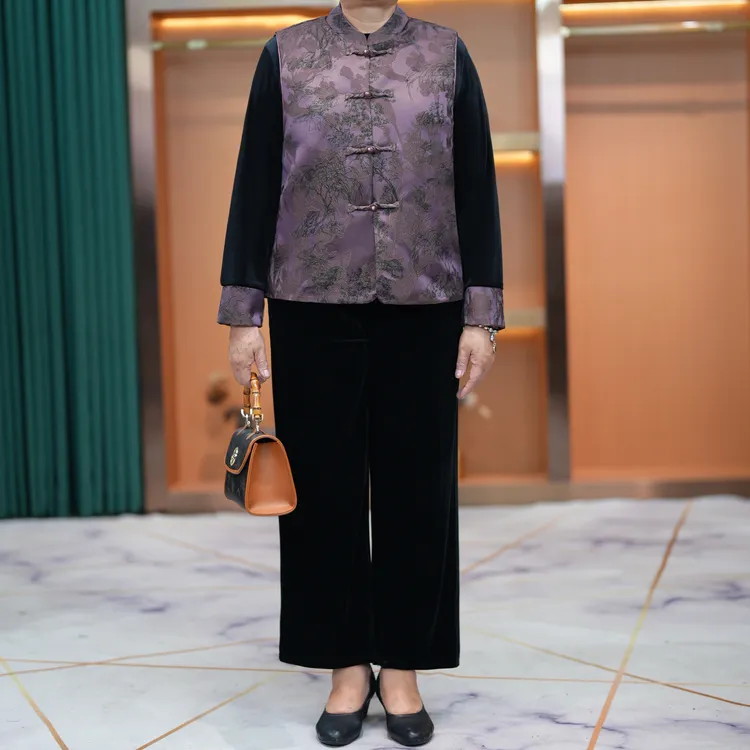 大码胖妈妈装加肥国风立领马甲三件套2025秋中老年拼花金丝绒套装