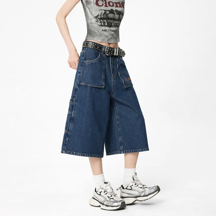 EDX美式复古深蓝色大口袋工装牛仔七分裤女夏季新款宽松a字五分裤