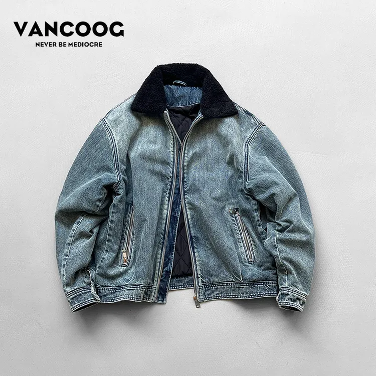 凡购冬季美式潮牌做旧短款翻领夹克保暖毛领宽松加绒牛仔外套男