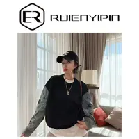 7612#【炫妈】重工钉珠牛仔袖卫衣 秋季新款设计时尚显瘦