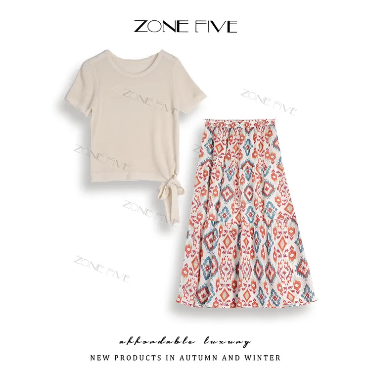 【zonefive】夏季新款碎花高腰大裙摆显瘦复古气质温柔风半身裙