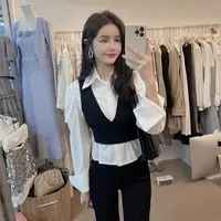 秋季泡泡袖短款长袖衬衫搭配针织背心收腰显瘦套装女