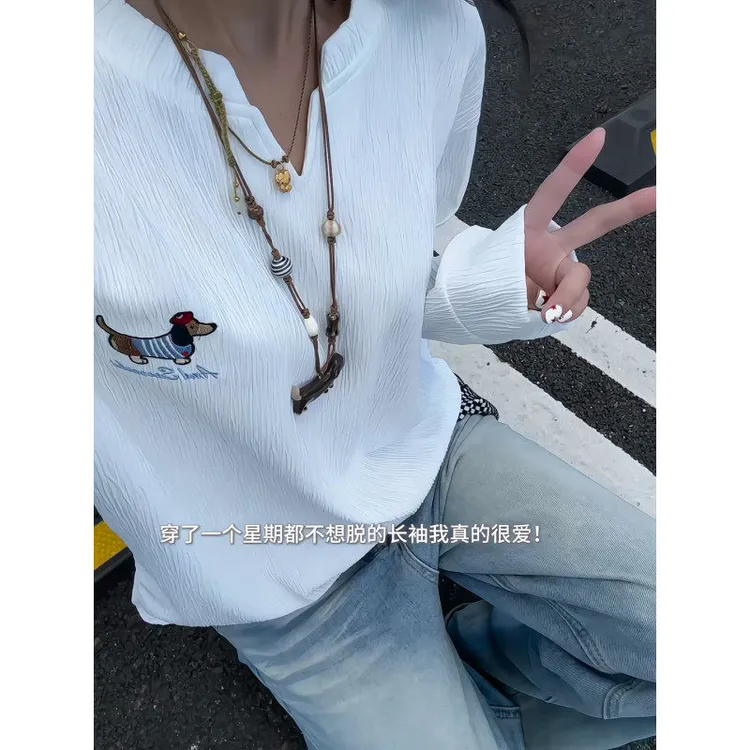 腊肠狗刺绣v领长袖t恤男款秋季褶皱肌理感卫衣美式复古内搭打底衫