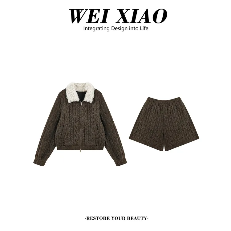 韩版松弛感毛领拉链麻花针织上衣短裤套装2025秋冬慵懒风复古穿搭