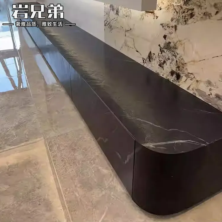 2025新款岩板电视柜落地小户型客厅家用黑骑士地柜圆弧岩板地台