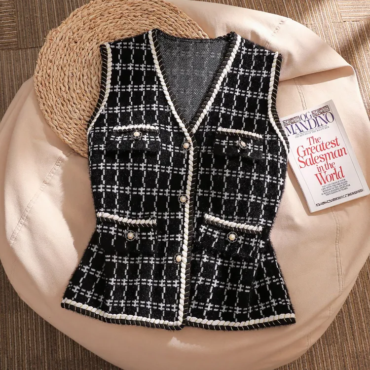 低奢感小香风千鸟格马甲外套女春秋仿针织背心V领马夹上衣高级感
