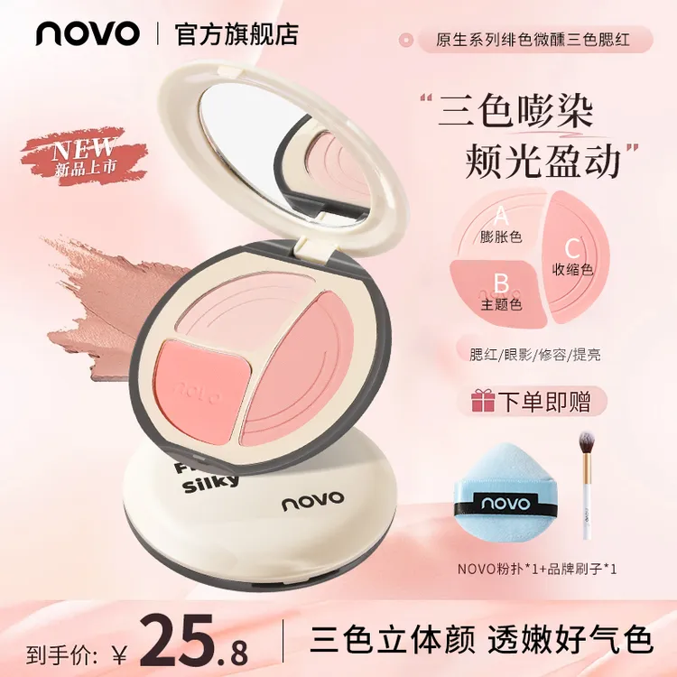 【官旗正品】novo三色腮红盘膨胀收缩色女哑光胭脂塑颜修容一体盘