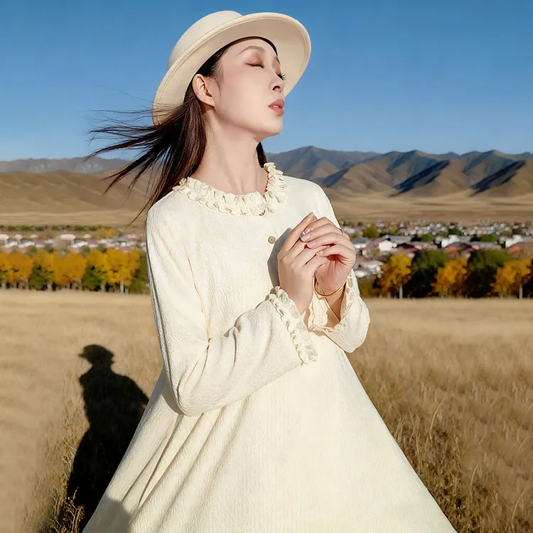 【甜蜜心事】文艺针织荷叶边连衣裙女2025秋季宽松米色温柔裙子