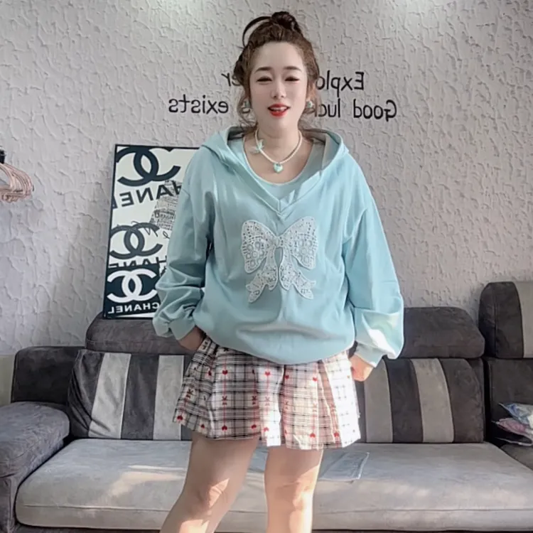 依依家大码女装25221三件套连帽卫衣海盐气泡蓝减龄显瘦纯欲套装