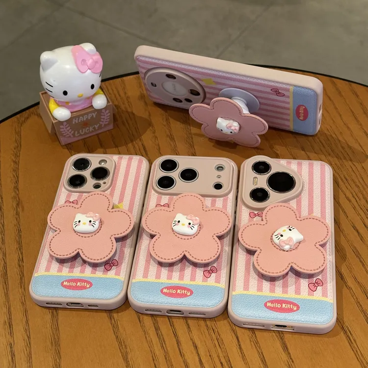 欧克里里条纹粉kitty支架适用苹果17/16手机壳小米15vivo华为oppo