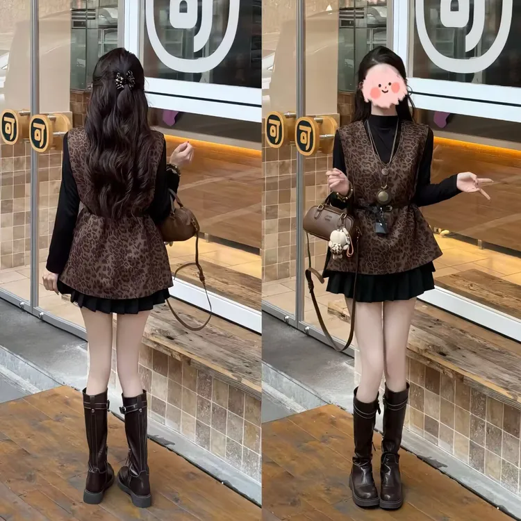 【月见樱秋】早秋美拉德气质收腰显瘦V领麂皮绒真两件上衣+百褶半裙