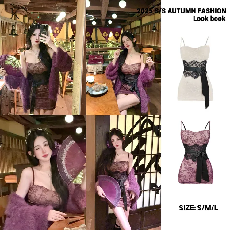 JOYKIKI金金【旧月瑰梦】秋季气质御姐拼接蕾丝吊带连衣裙J25C423